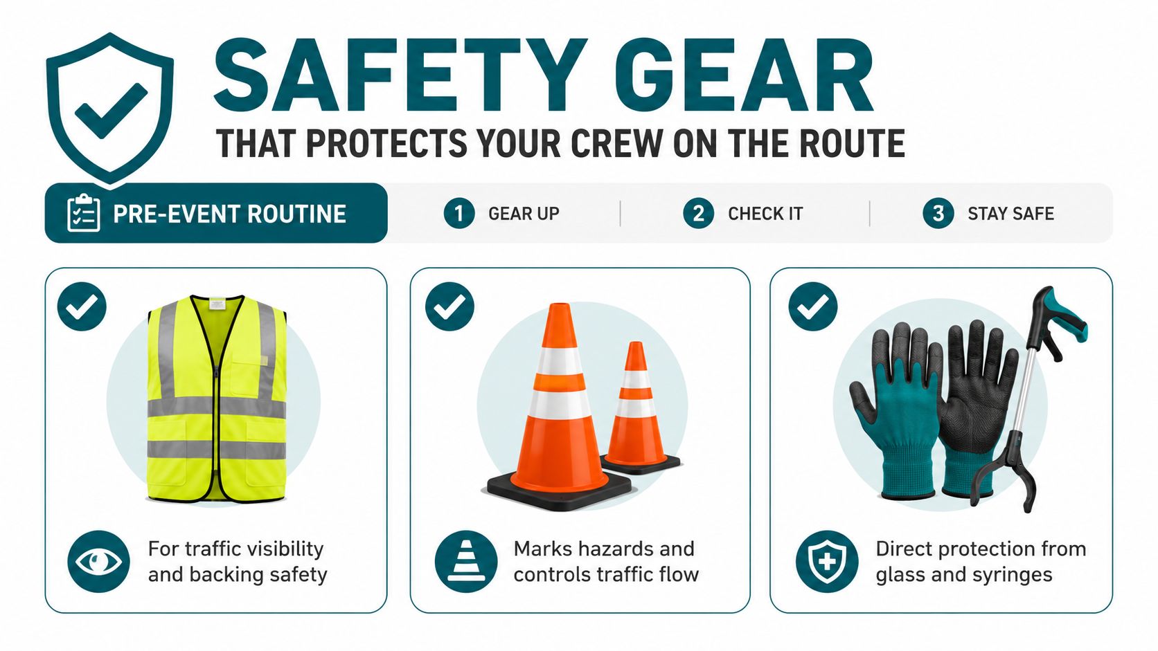 A safety infographic displaying high-visibility vests, traffic cones, and protective gloves for trash pickup teams.