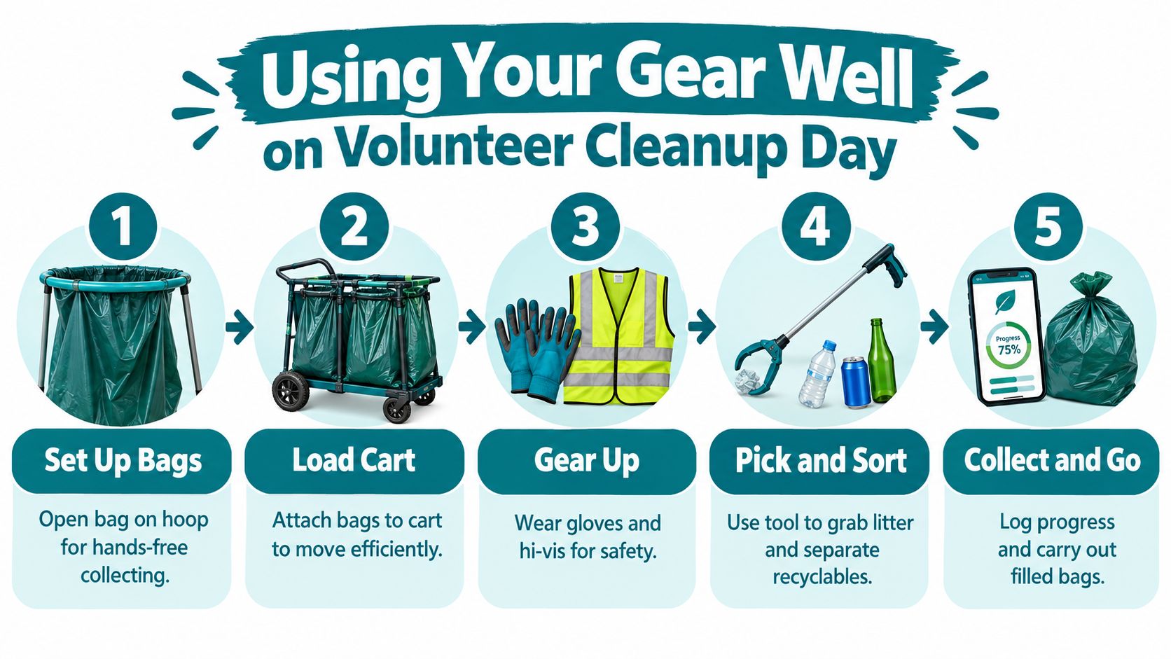 A five-step infographic showing how to use cleanup gear efficiently for a community volunteer trash collection event.