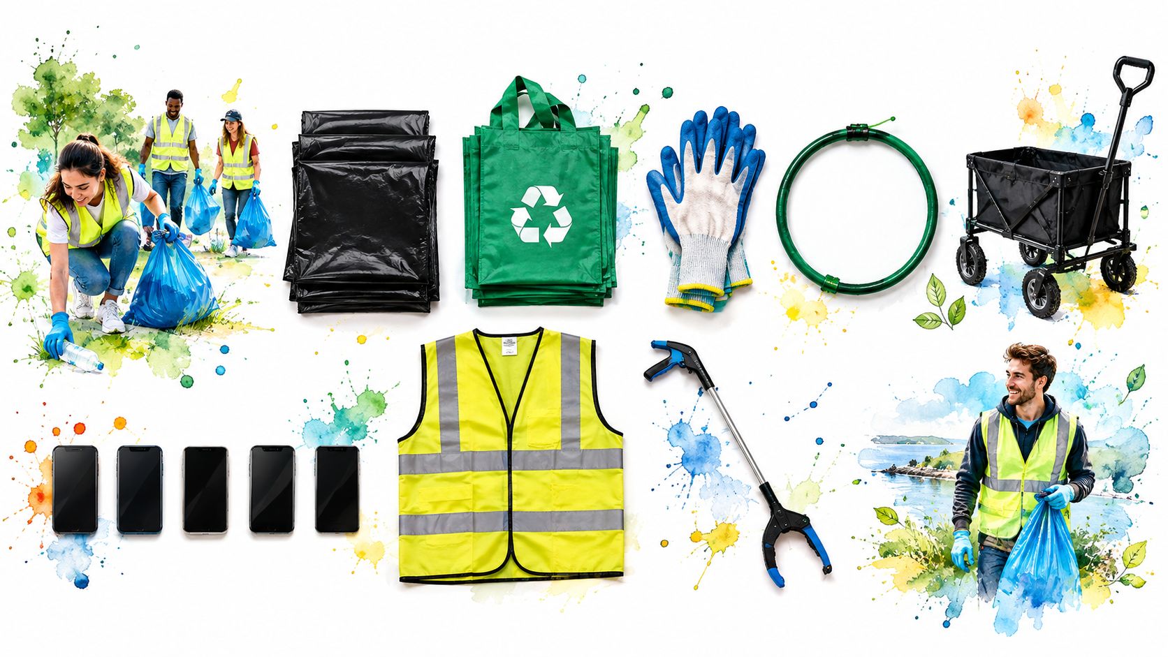 A collage showing volunteers picking up trash with various cleanup tools and supplies on a white background.