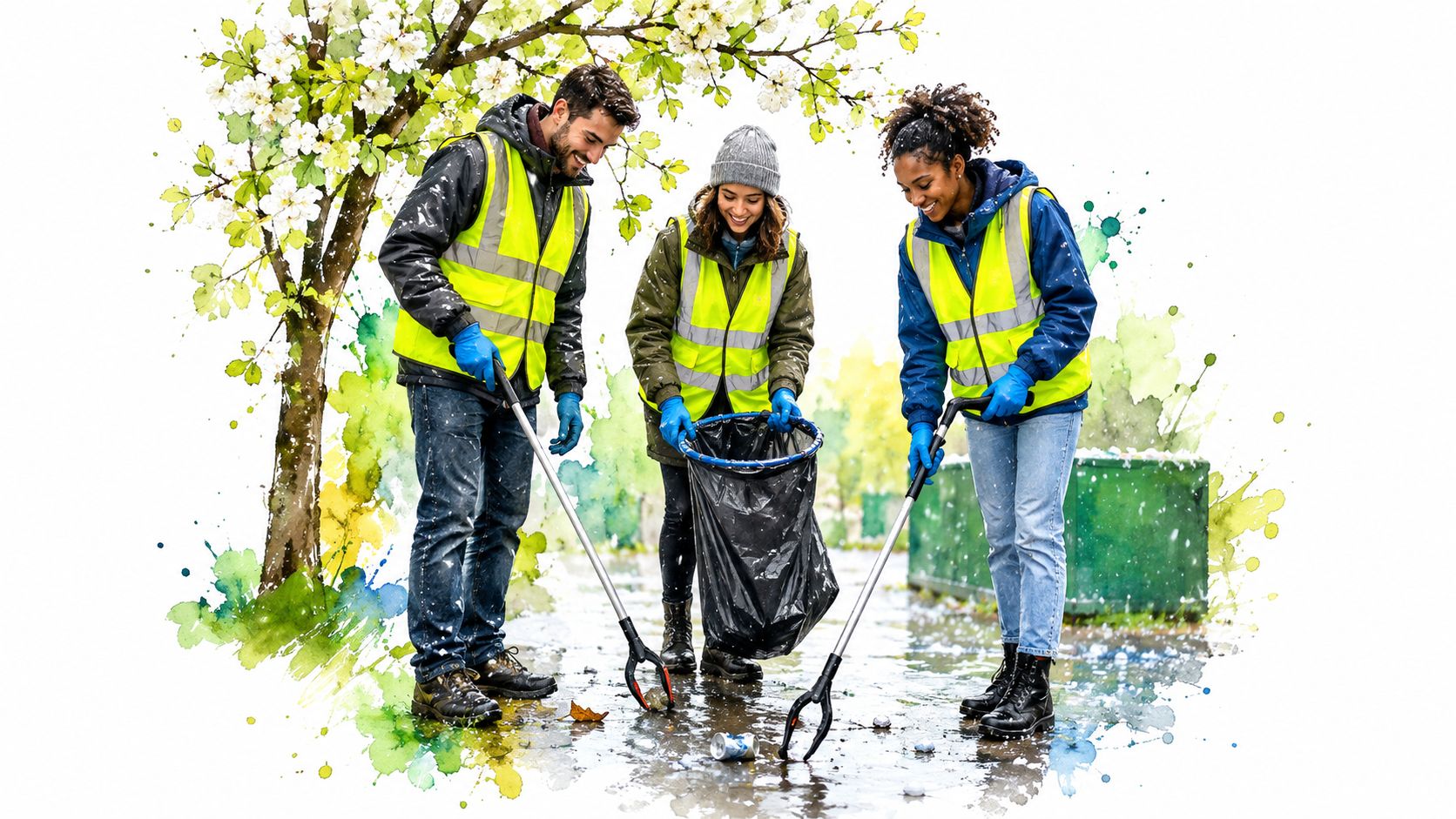 Three volunteers wearing high-visibility vests use trash pickup tools to clean up litter in a park.