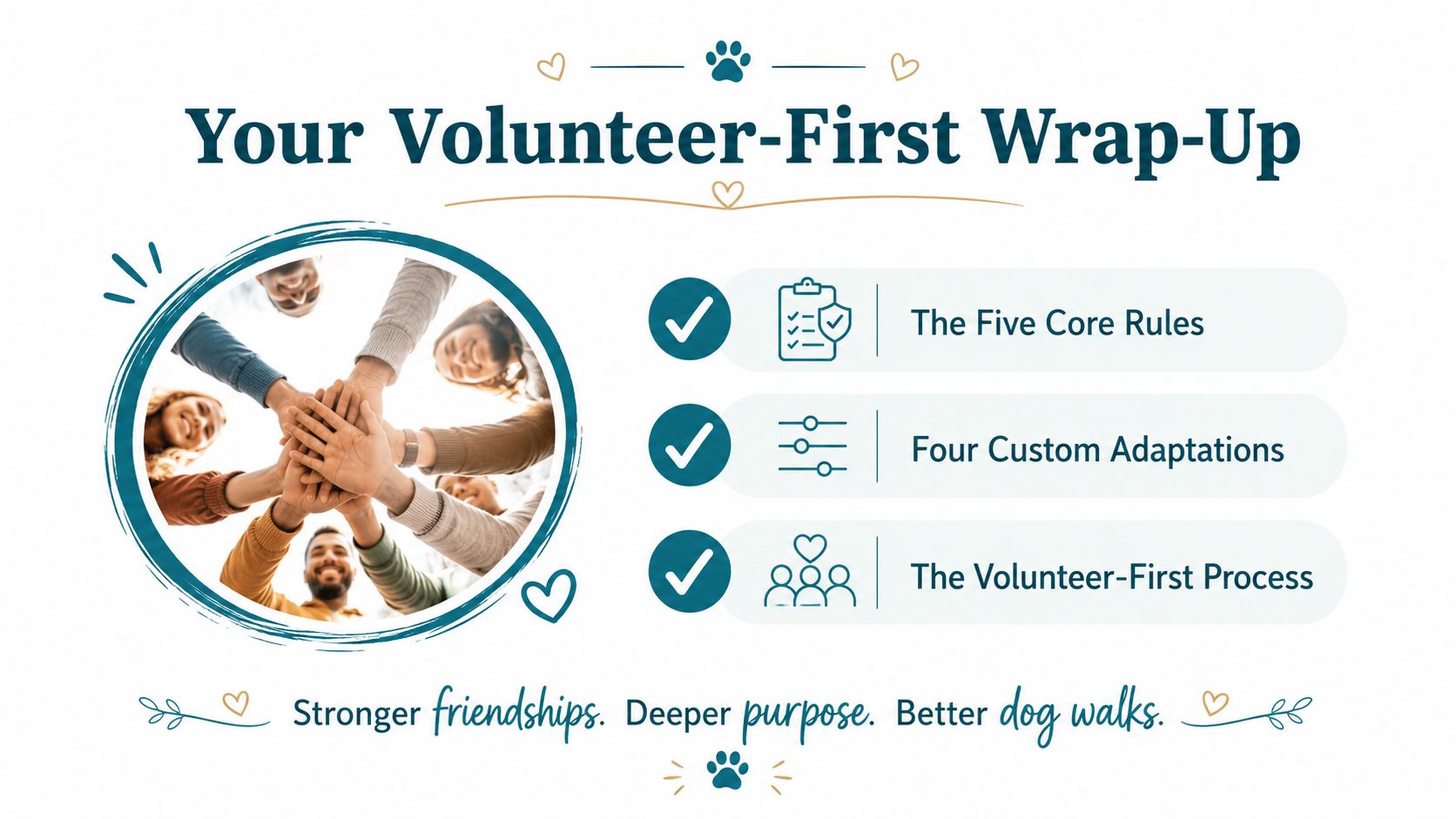 A graphic titled Volunteer-First Wrap-Up showing a group of people stacking their hands together in solidarity.