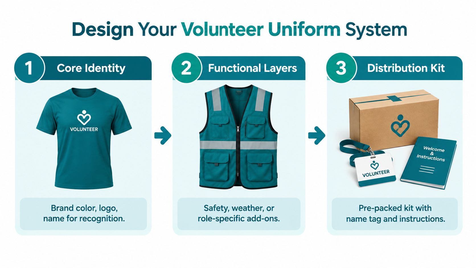 A three-step guide to designing volunteer uniforms featuring a t-shirt, utility vest, and a distribution kit.