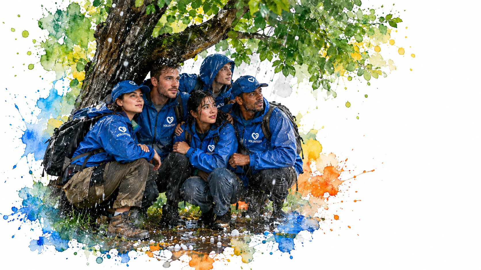A diverse group of volunteers in blue jackets and caps huddling under a tree during rain.