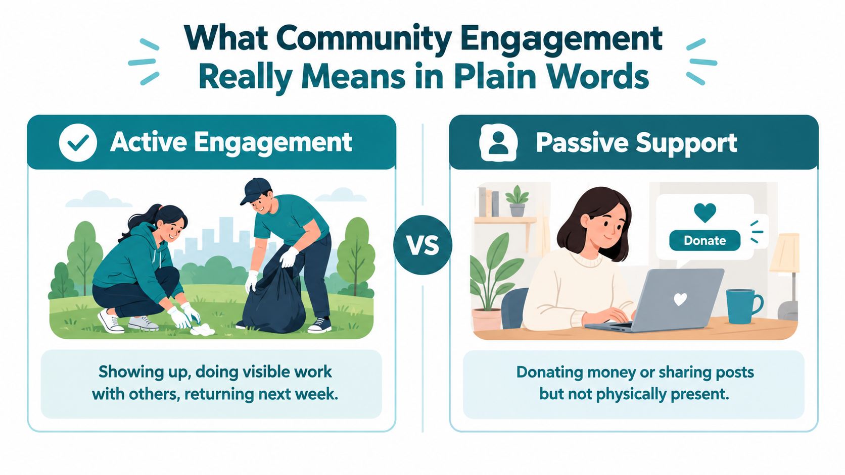 An infographic comparing active community engagement, showing people cleaning a park, with passive support, such as online donations.