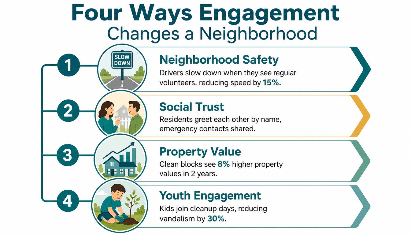 An infographic titled Four Ways Engagement Changes a Neighborhood, showing safety, social trust, property values, and youth engagement.