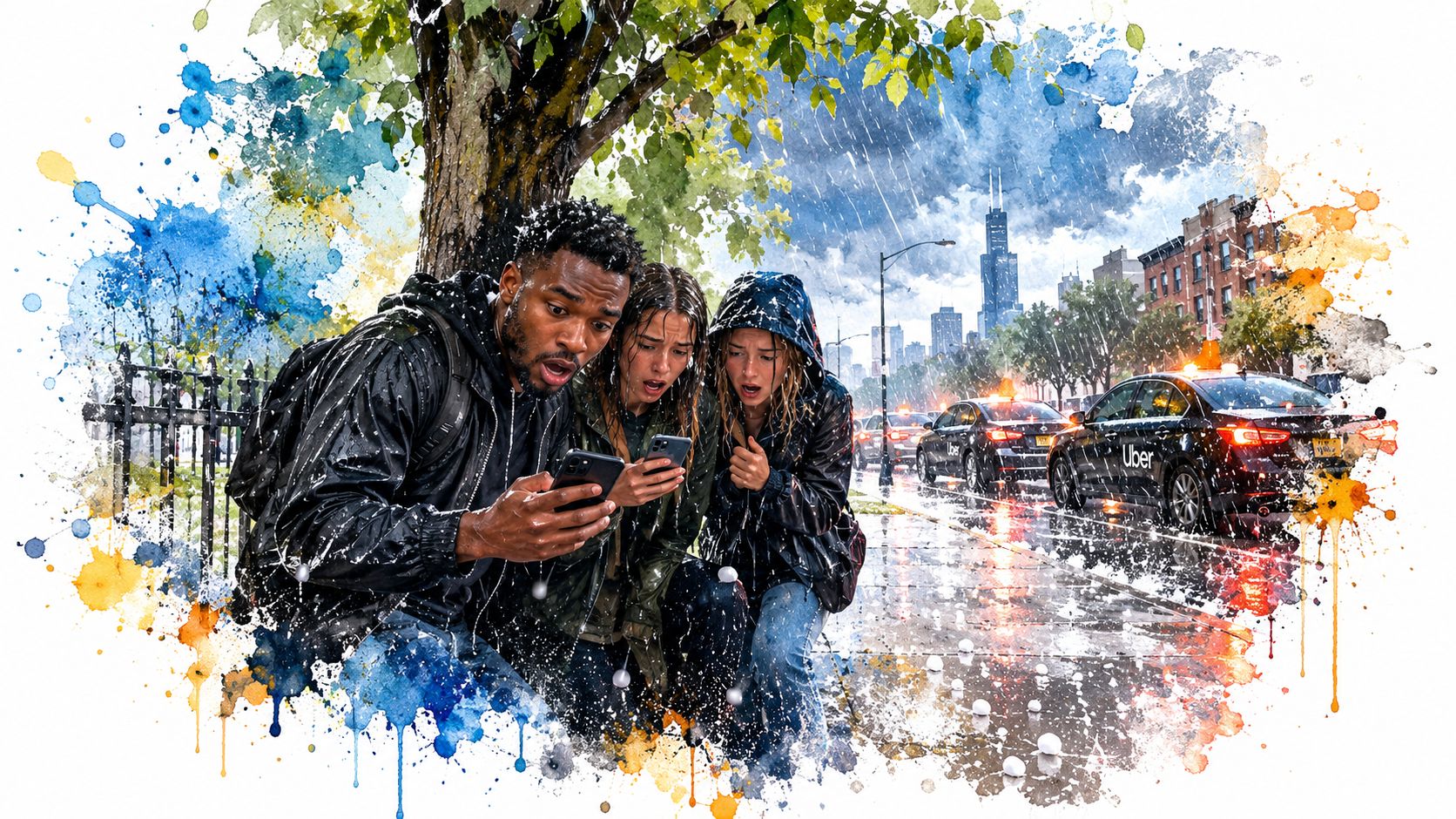 Three shocked people standing in the rain outside in Chicago while looking at their smartphones together.