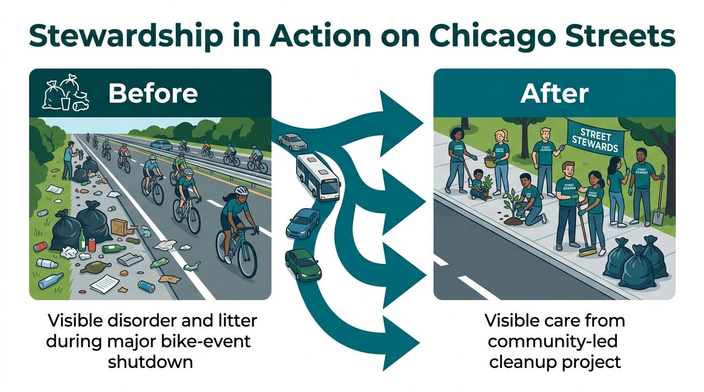 A split image showing a litter-filled street during a bike event and volunteers cleaning the sidewalk.