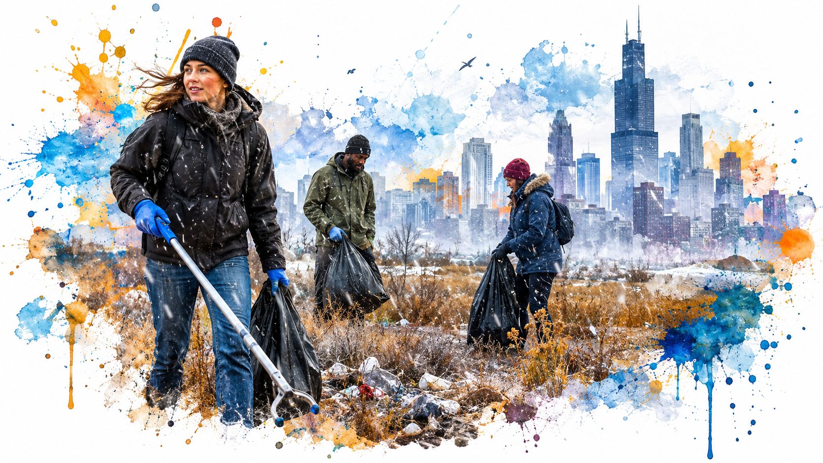 A diverse group of volunteers collecting litter with grabber tools in a snowy urban field.