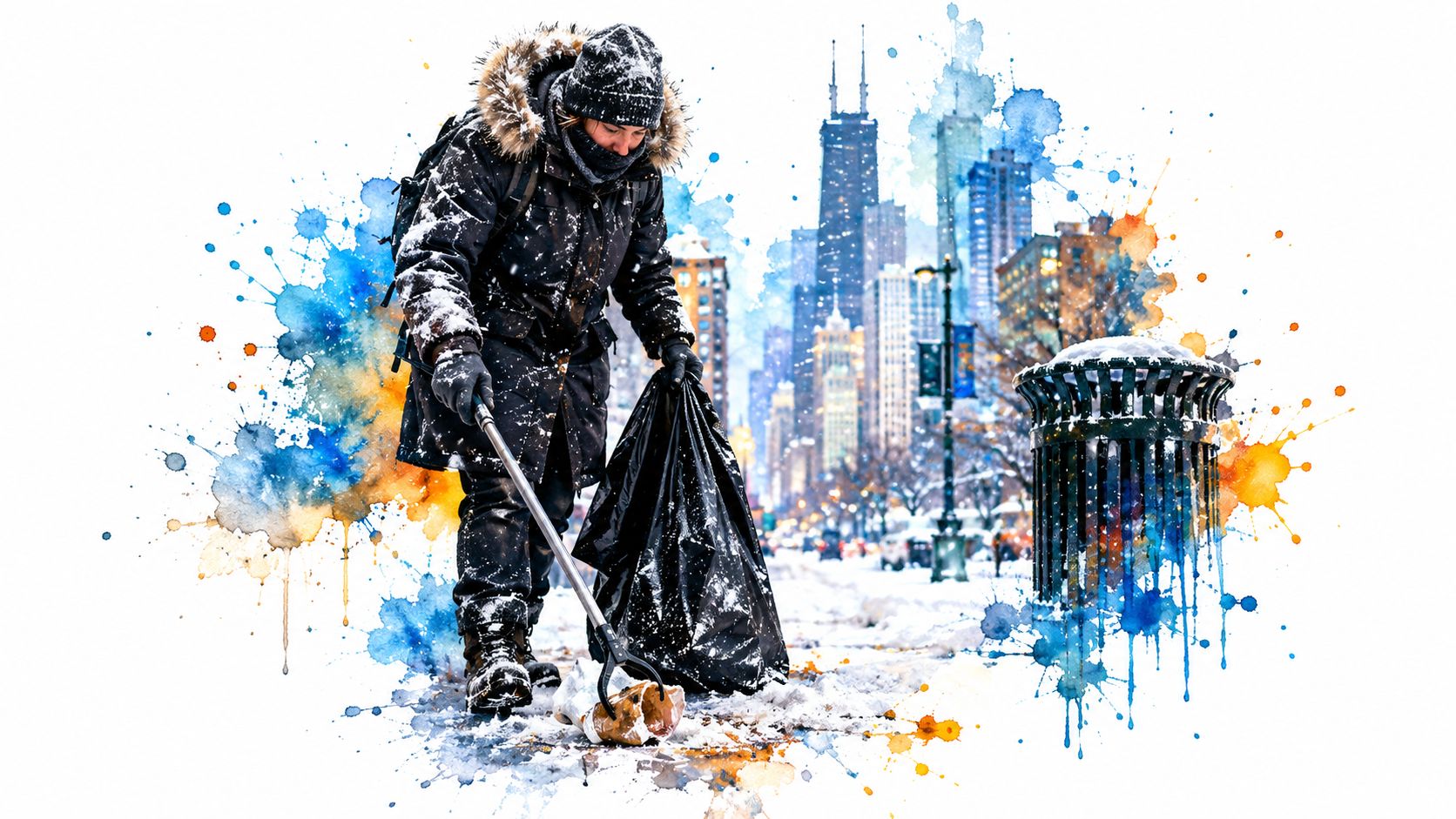 A person in winter gear picking up trash with a reacher tool in a snowy city street.