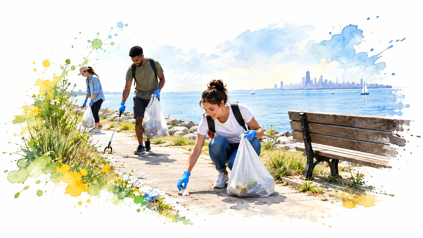 A group of volunteers cleaning up litter along a scenic Chicago lakefront path on a sunny day.
