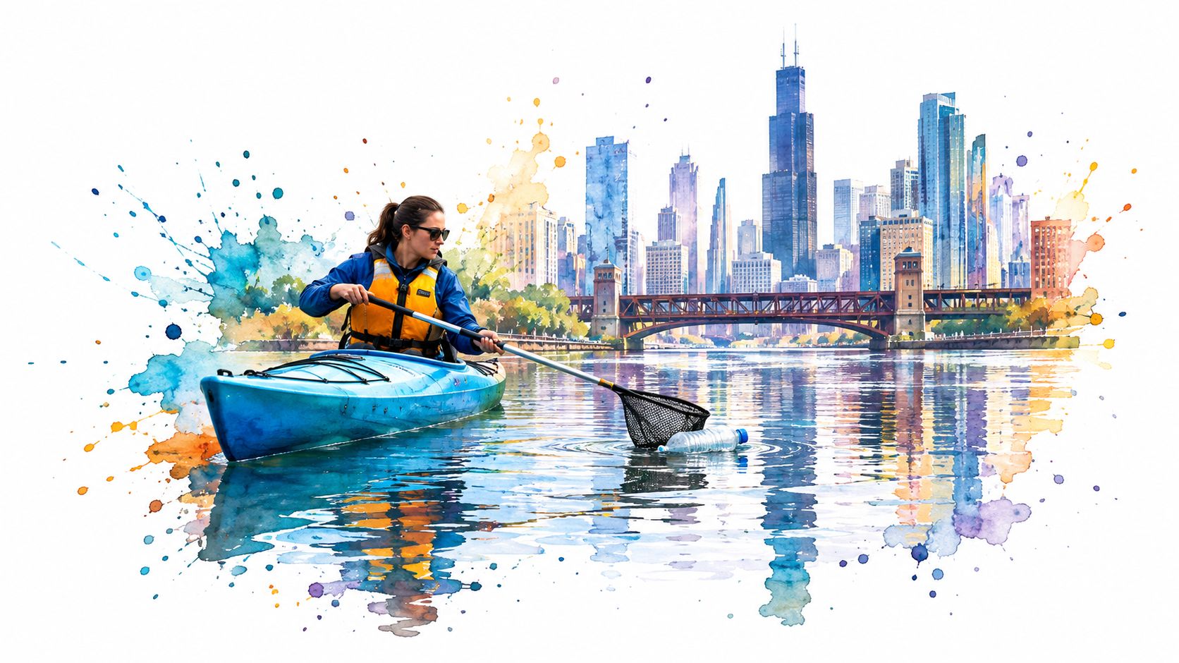 A woman kayaking in Chicago river cleaning up plastic waste from the water with a net.