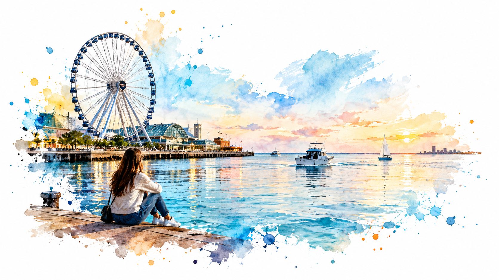 A woman sits by the water looking at the Ferris wheel and boats during a Chicago sunset.