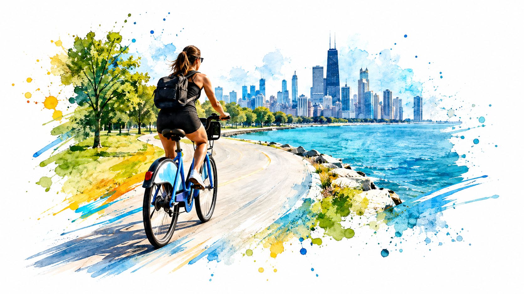 A woman riding a blue bicycle along the Chicago lakefront path with the city skyline in background