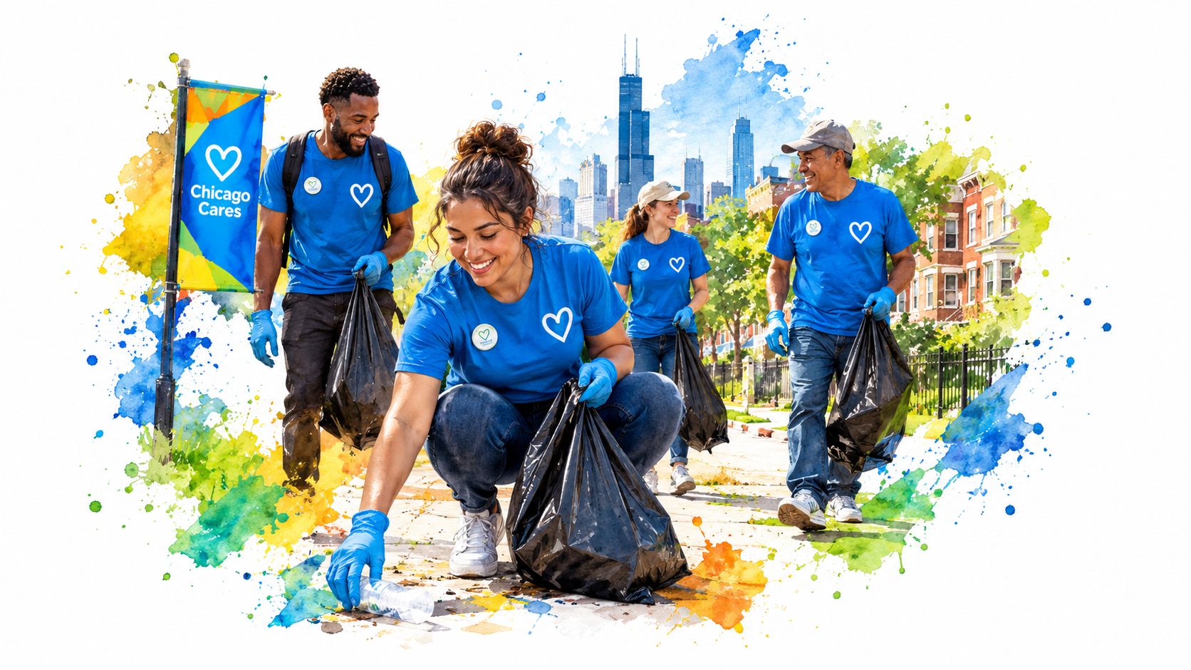 A diverse group of volunteers in blue shirts picking up litter on a Chicago street sidewalk.