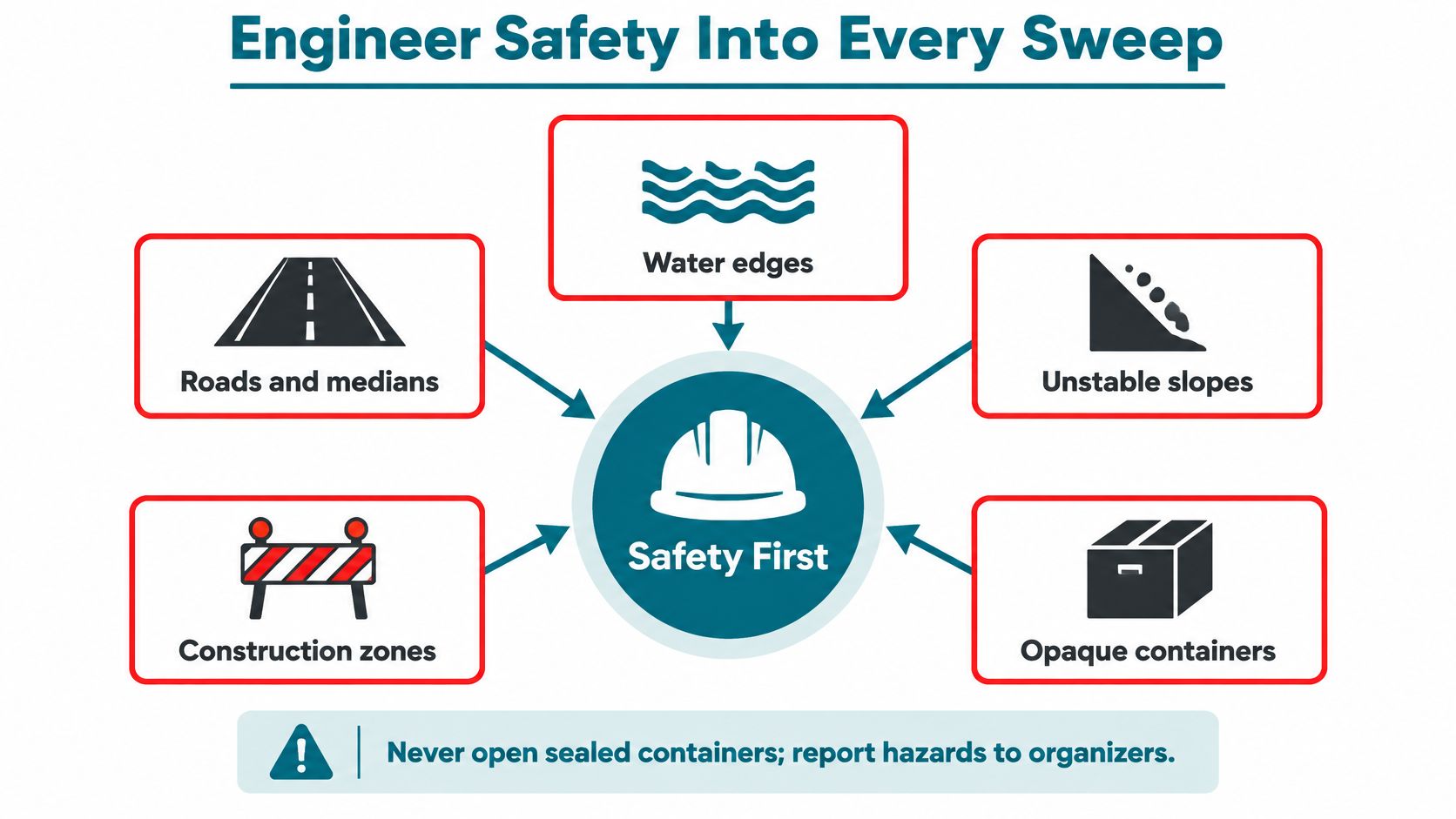 An infographic titled Engineer Safety Into Every Sweep, illustrating safety hazards like roads, water, slopes, and containers.