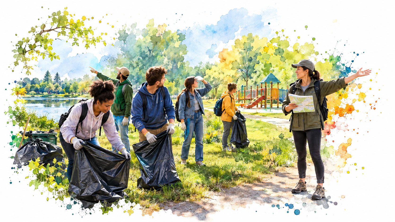 A diverse group of volunteers cleaning up trash in a scenic park with a playground and lake