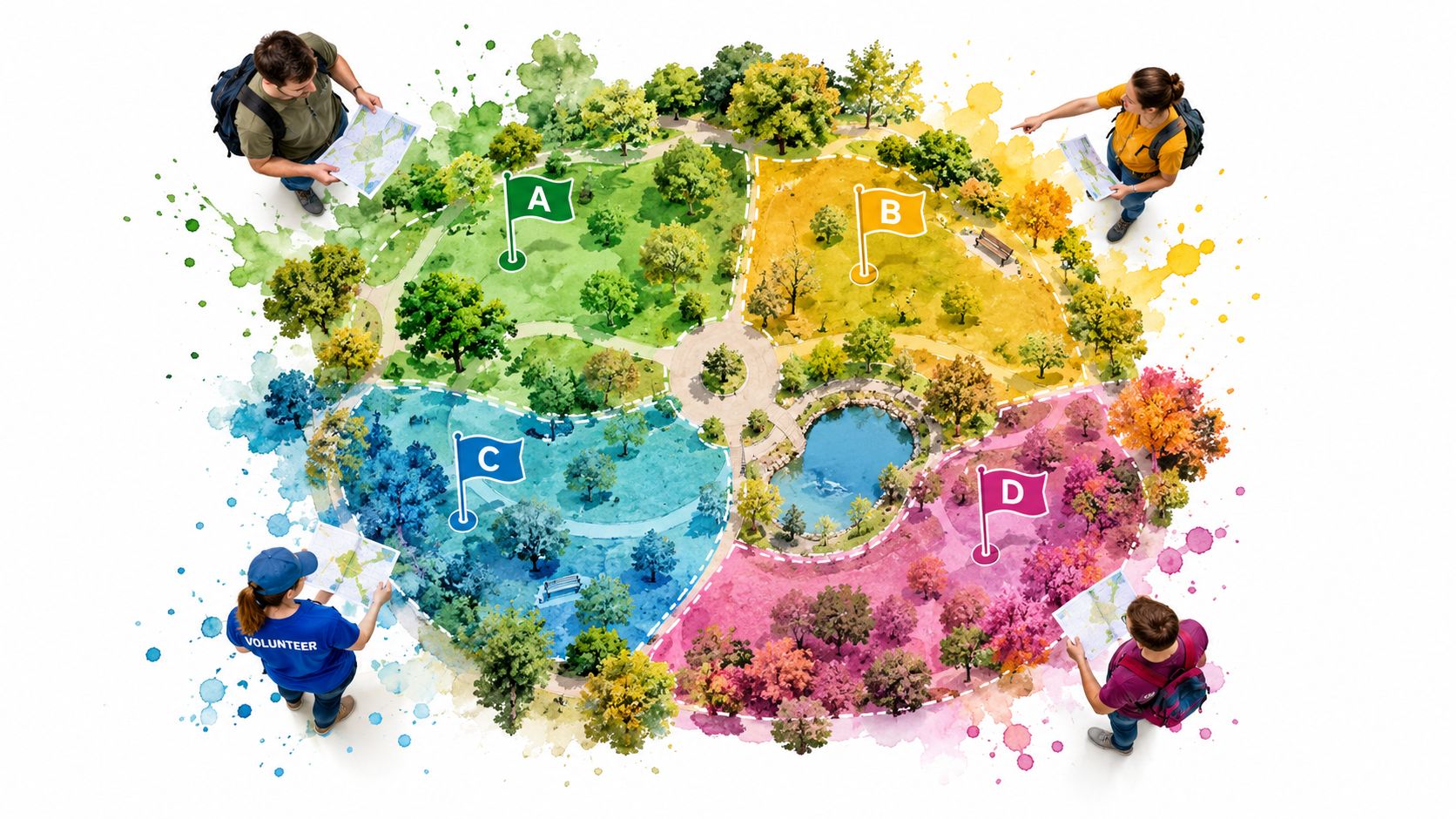 Four volunteers standing around a colorful map of a park layout with sections marked A, B, C, and D.