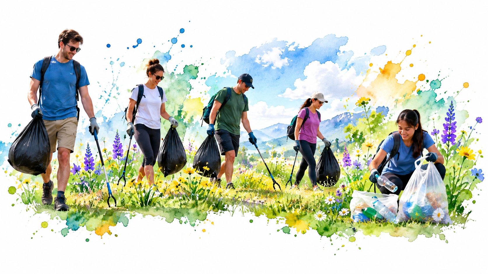 A group of volunteers cleaning up a beautiful grassy park filled with wildflowers and mountain scenery.