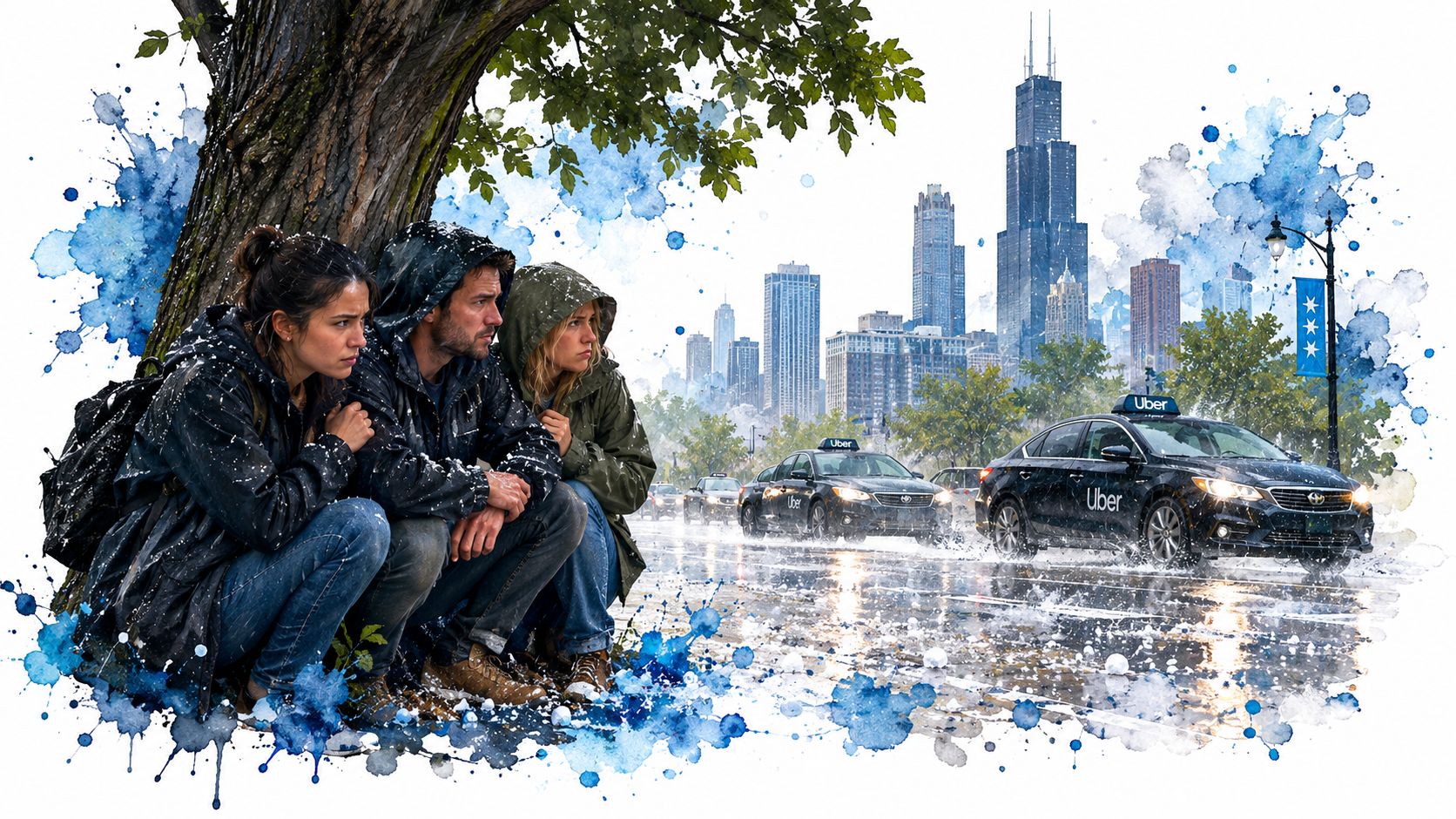 Three people huddled together under a tree during a rainy day in a city near Uber taxis.