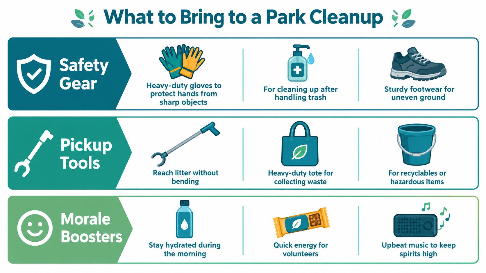 A helpful infographic outlining essential items to bring for a successful and safe park cleanup event.