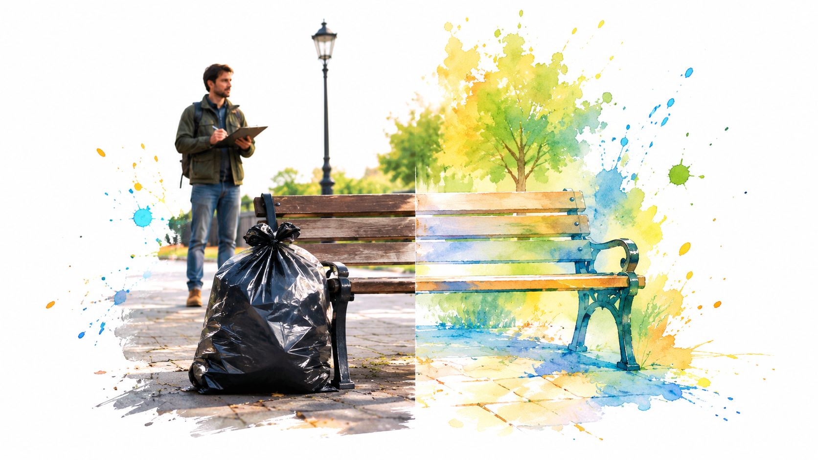 A man stands near a park bench with a garbage bag, transitioning into a vibrant watercolor illustration.