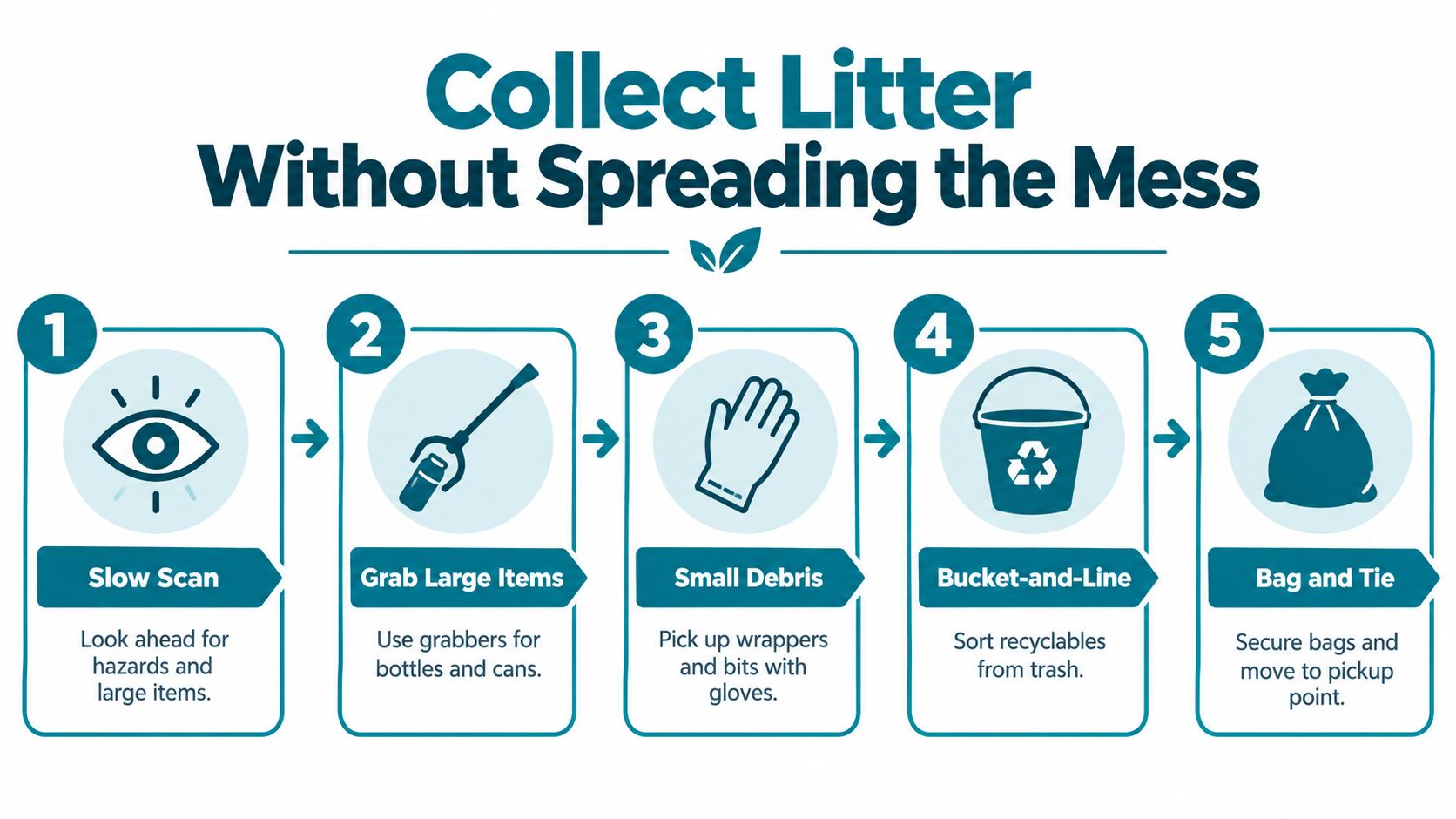A step-by-step infographic titled Collect Litter Without Spreading the Mess, showing five numbered cleanup procedures for volunteers.