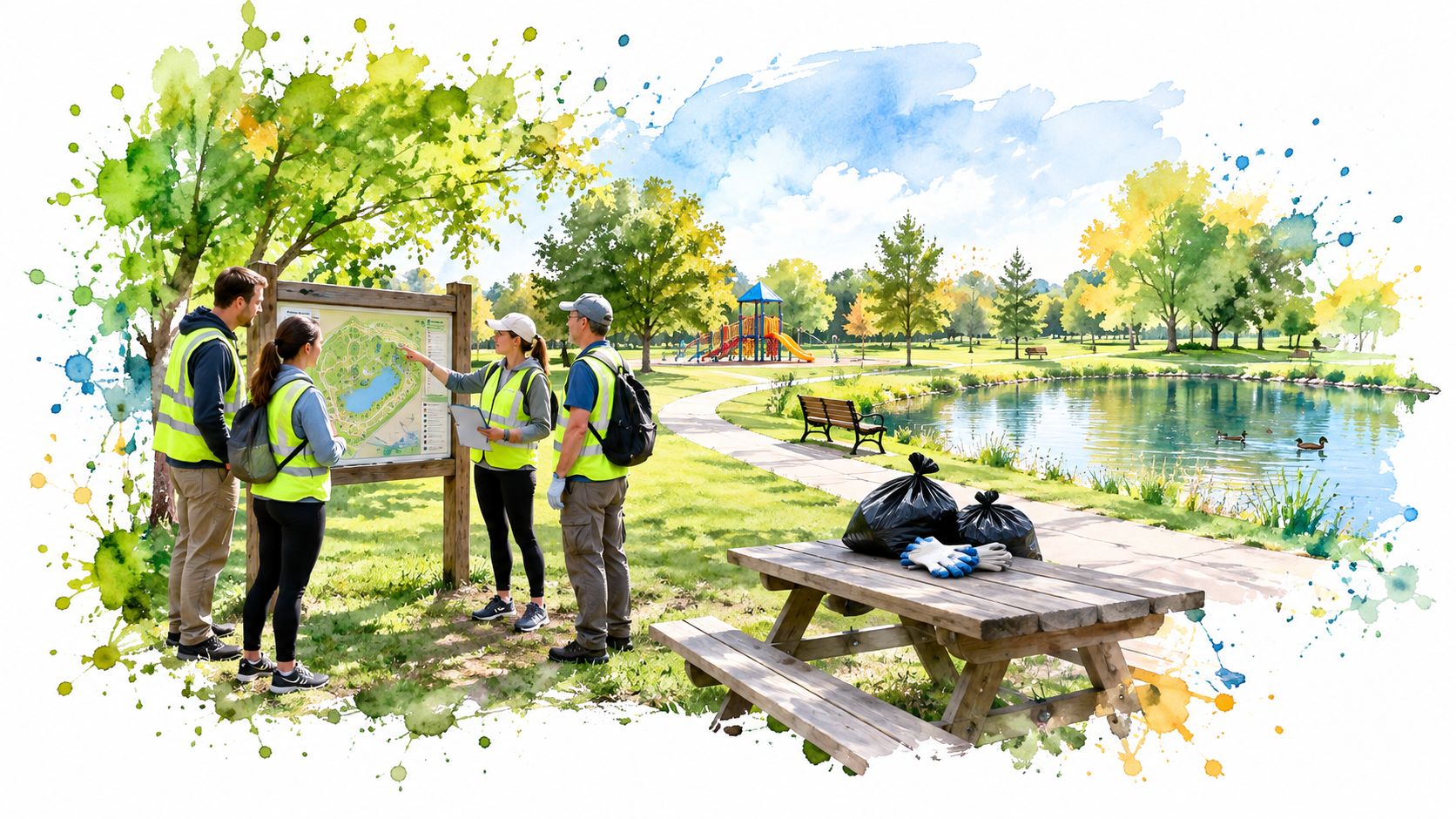 A diverse group of volunteers in safety vests planning a park cleanup near a scenic pond.