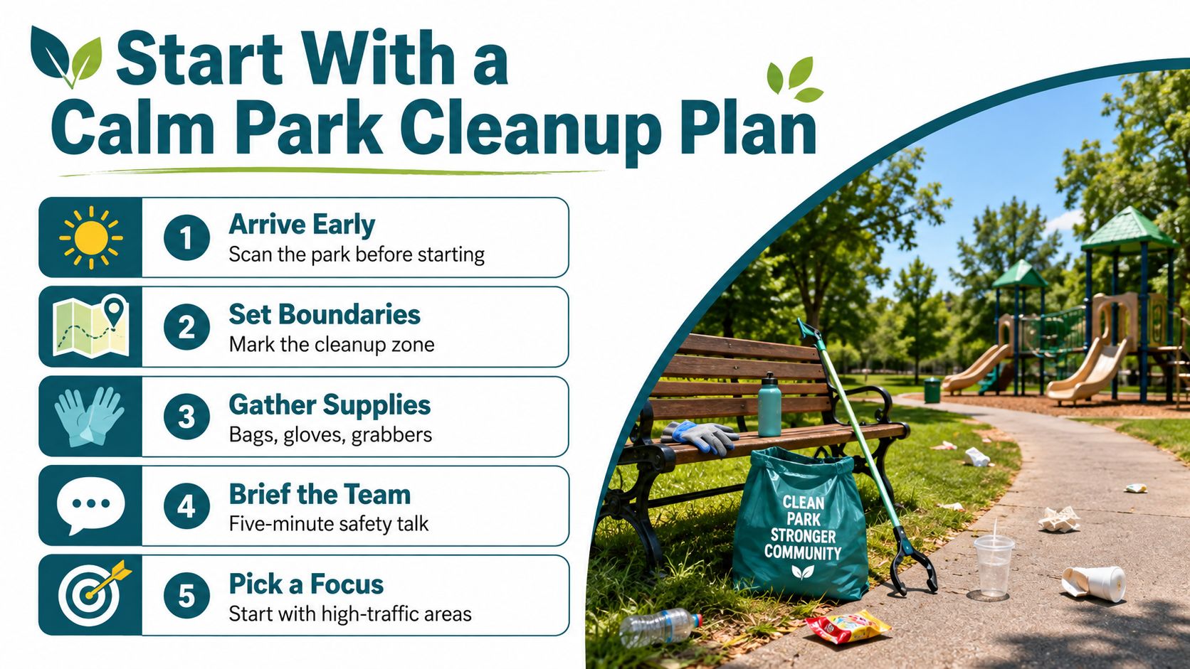 A five-step instructional guide for planning a park cleanup, displayed next to a park bench with litter.