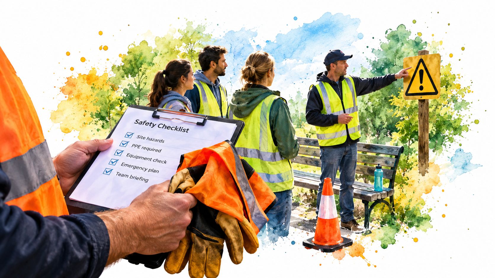 A safety inspector holding a checklist with workers surveying a park area near a hazard warning sign.