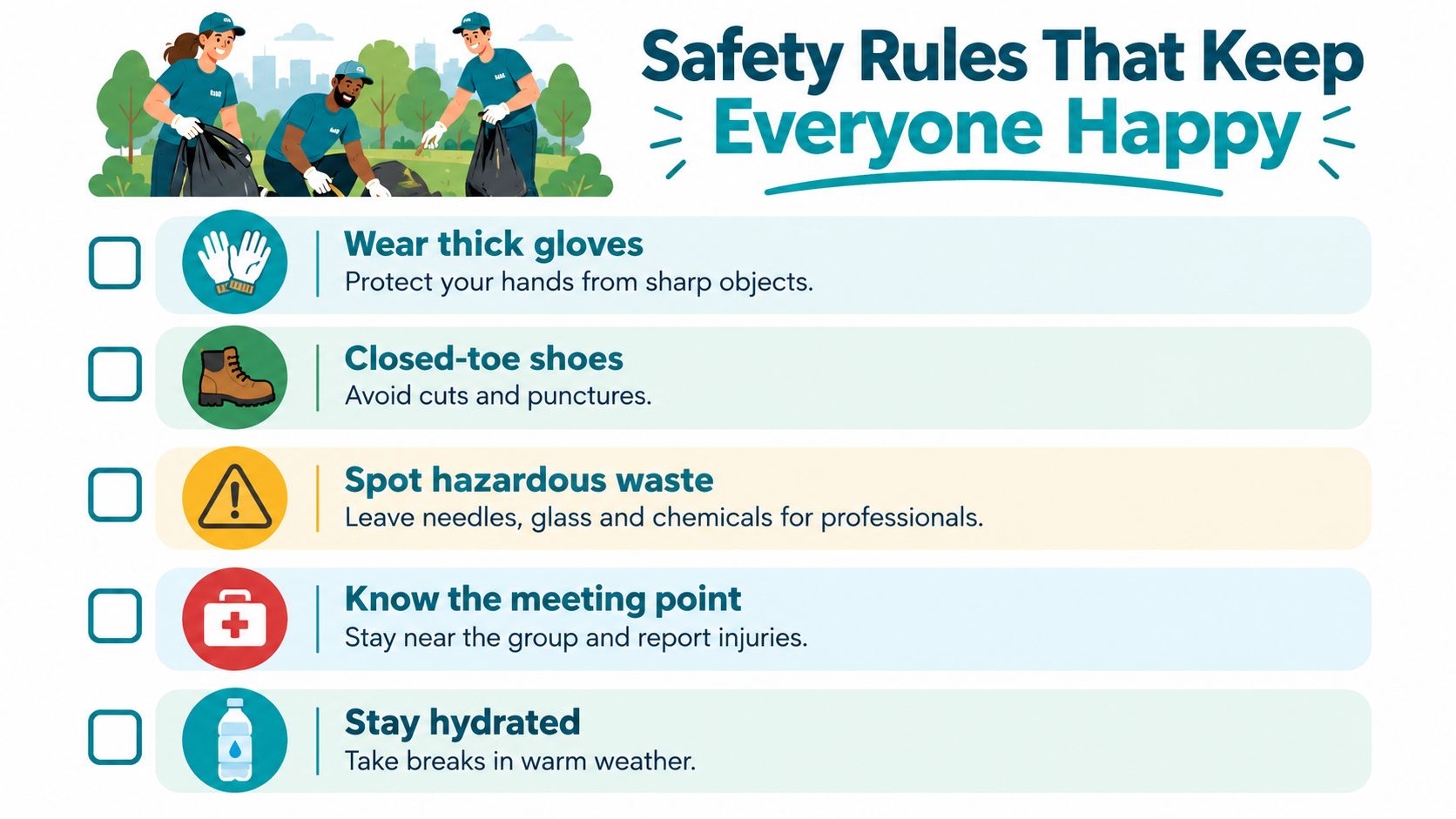 A safety infographic for community cleanups featuring five essential tips for volunteers to stay safe outdoors.