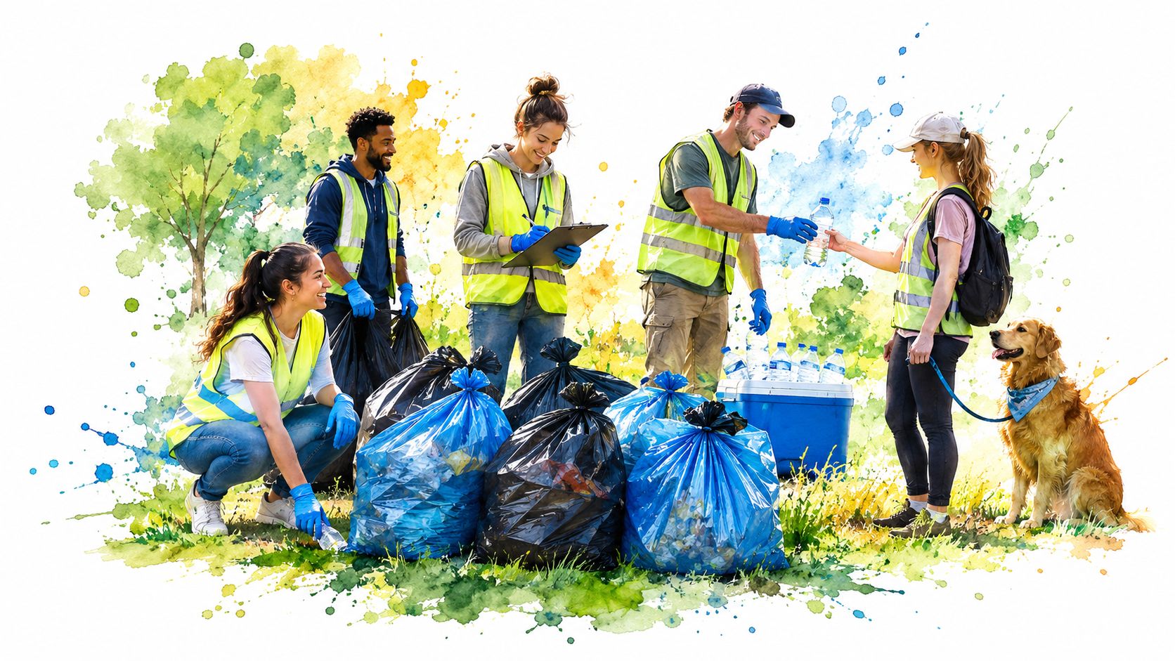 A diverse group of volunteers in high-visibility vests collecting litter in a park with their dog.