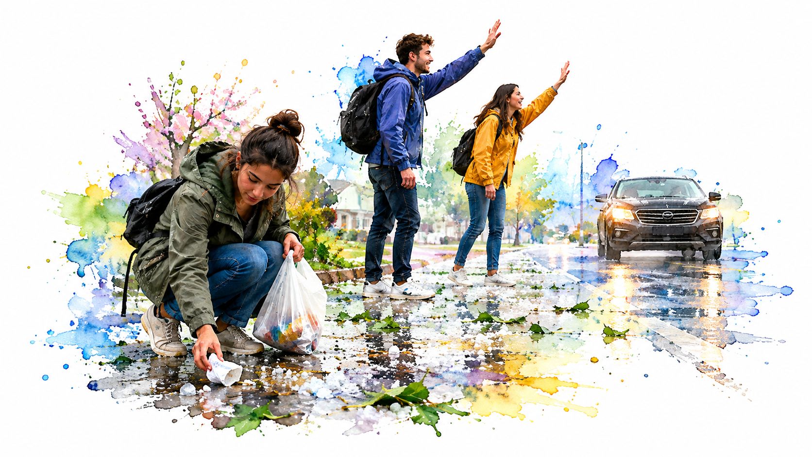 Three young adults engaging in community service while picking up litter and waving for a car ride.