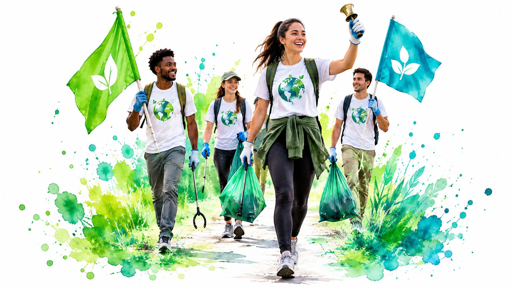 A diverse group of young volunteers walking outdoors while holding garbage bags, flags, and cleaning tools.