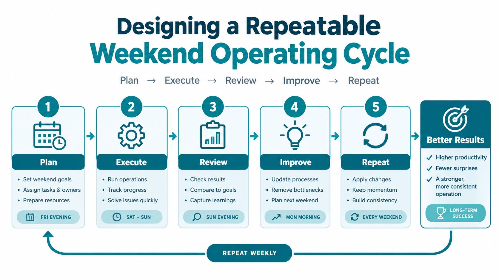 An infographic showing a five-step repeatable weekend operating cycle for improving productivity and achieving consistent success.