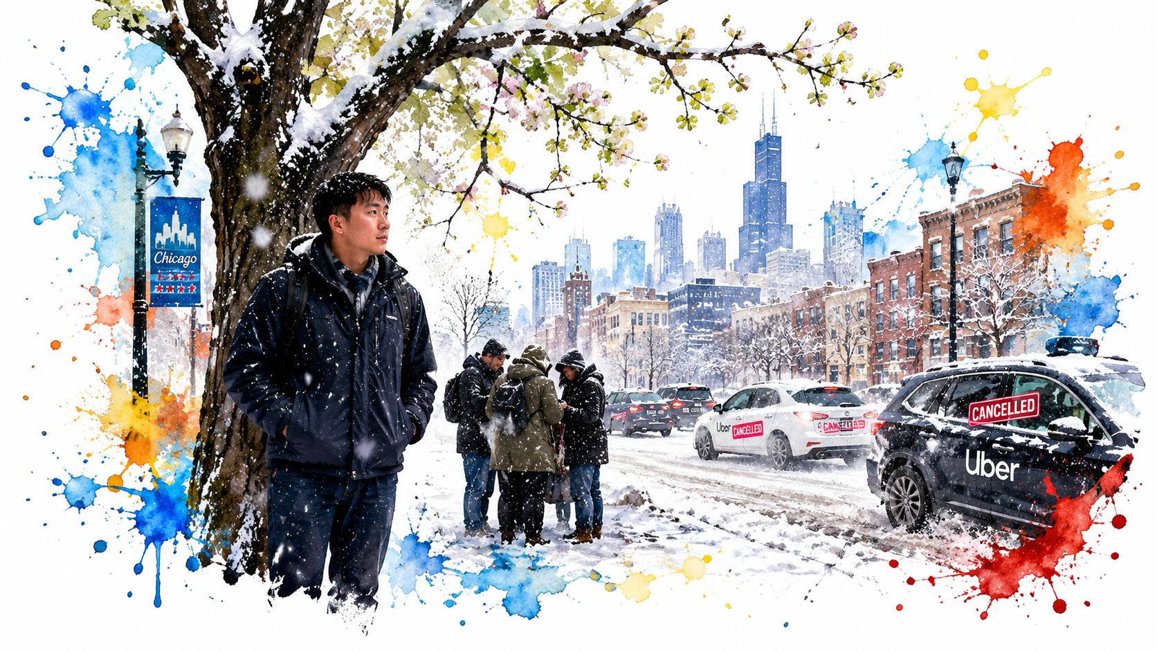A man stands in a snowy Chicago neighborhood during winter with Uber cars showing cancelled status signs.
