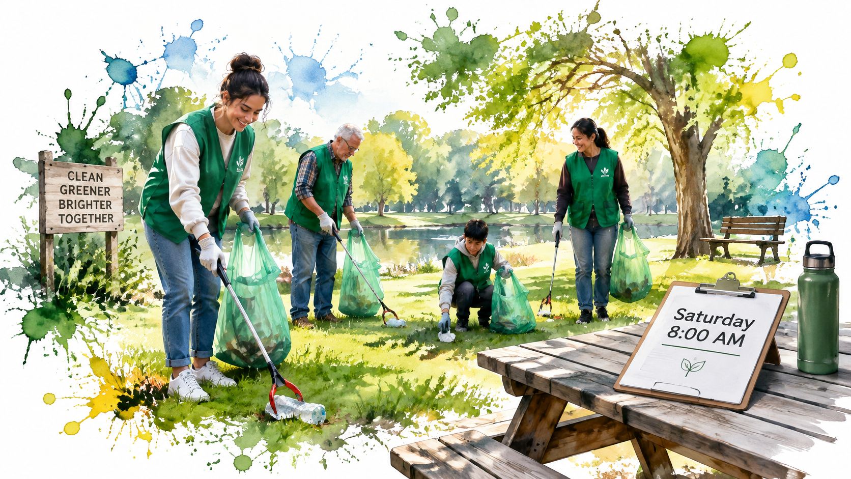 A diverse group of volunteers cleaning up trash in a park on a sunny day.
