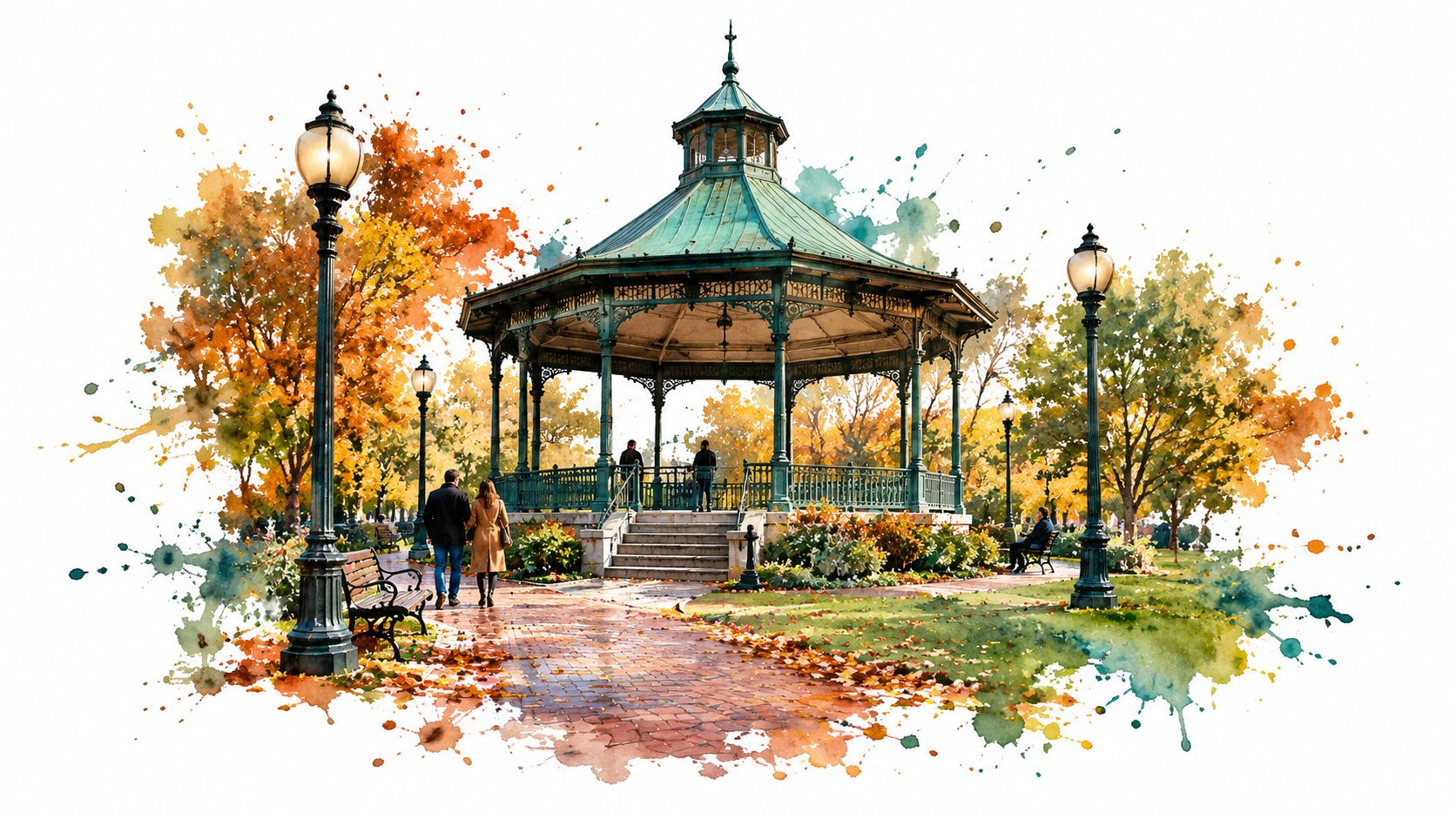 A watercolor-style painting of a gazebo in Ogden Park Chicago surrounded by vibrant autumn trees.