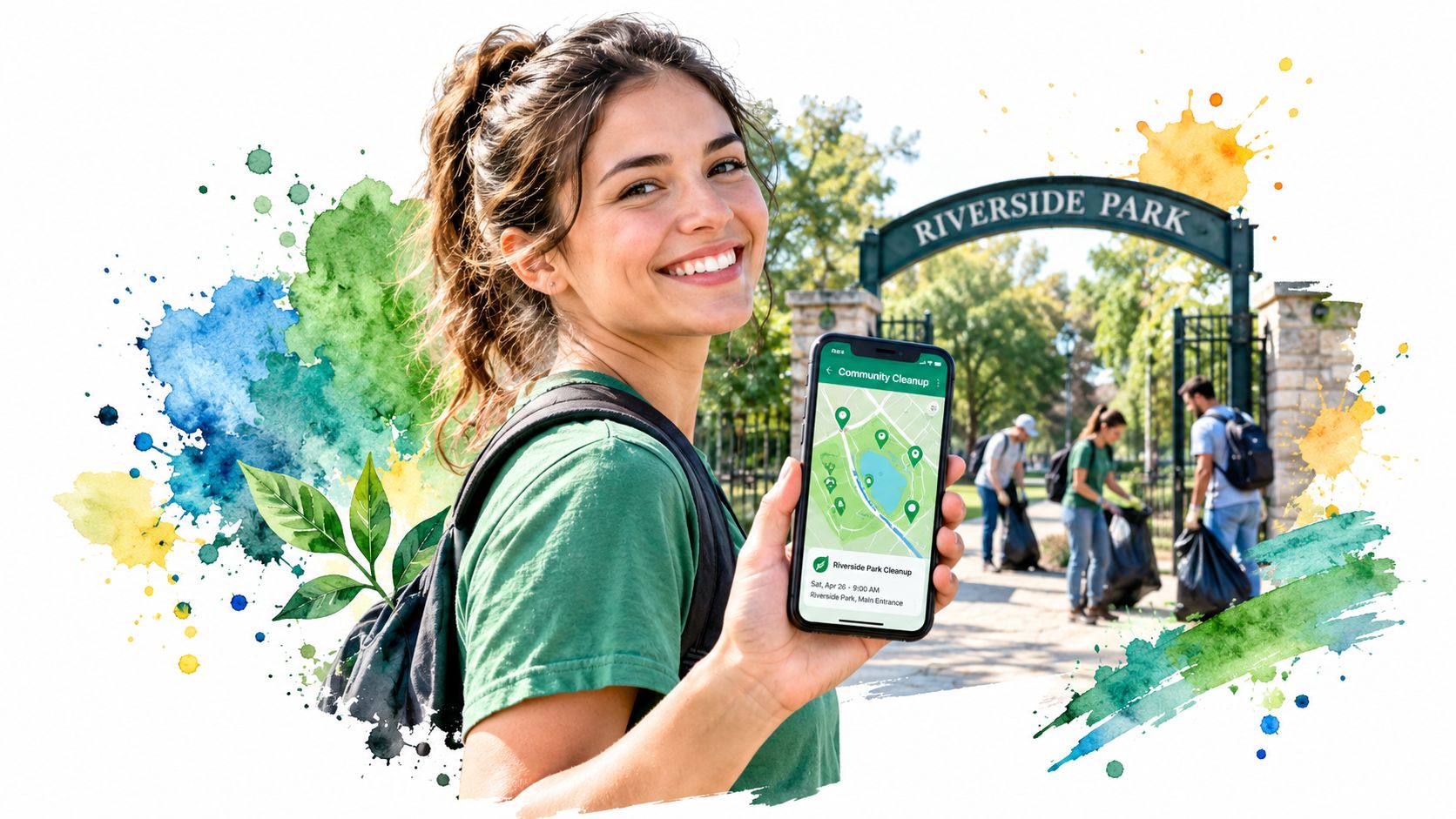 A smiling young woman holding a smartphone showing a community cleanup map in front of Riverside Park.