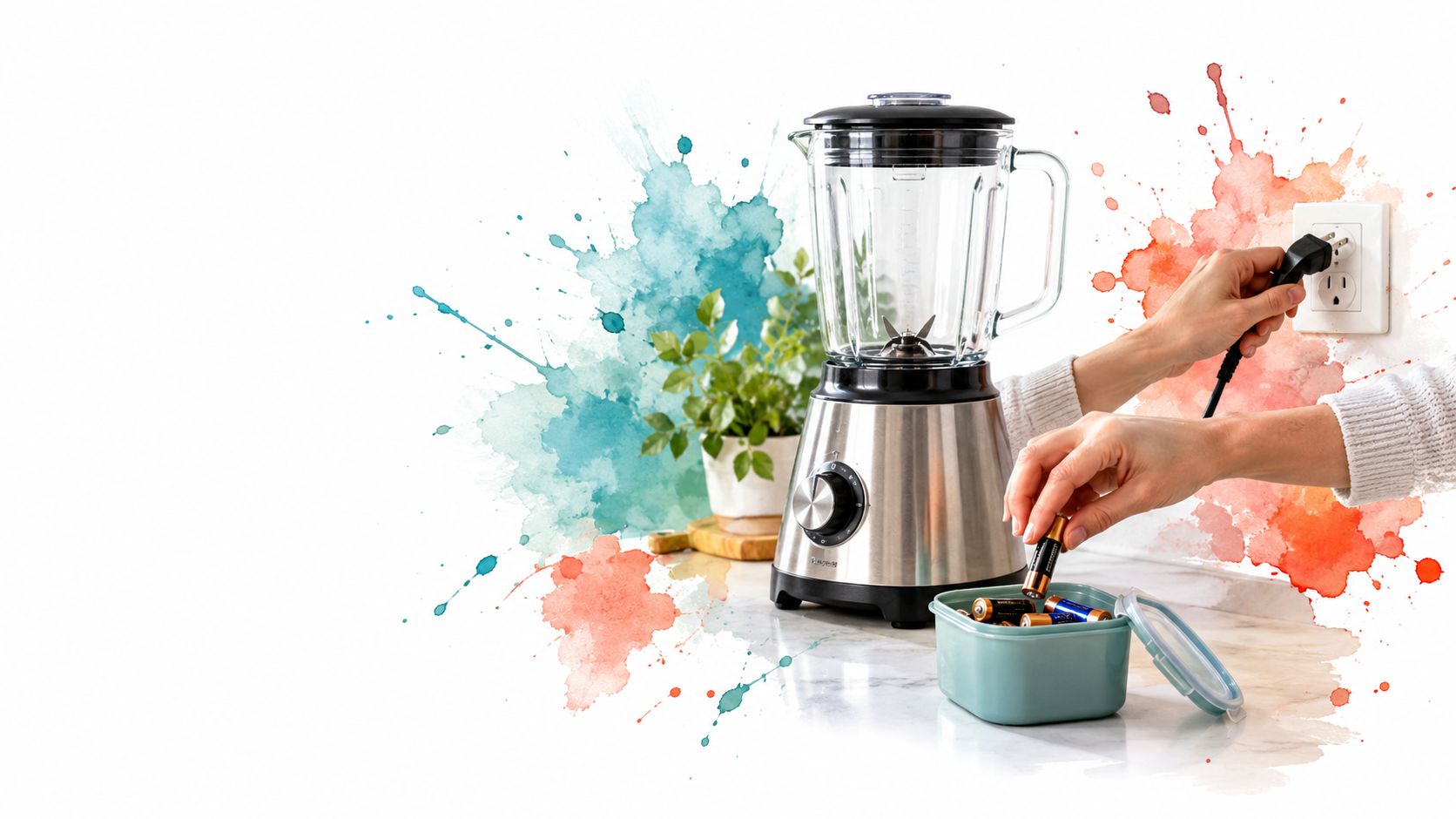 A person preparing to recycle batteries while plugging in a blender on a marble kitchen counter.