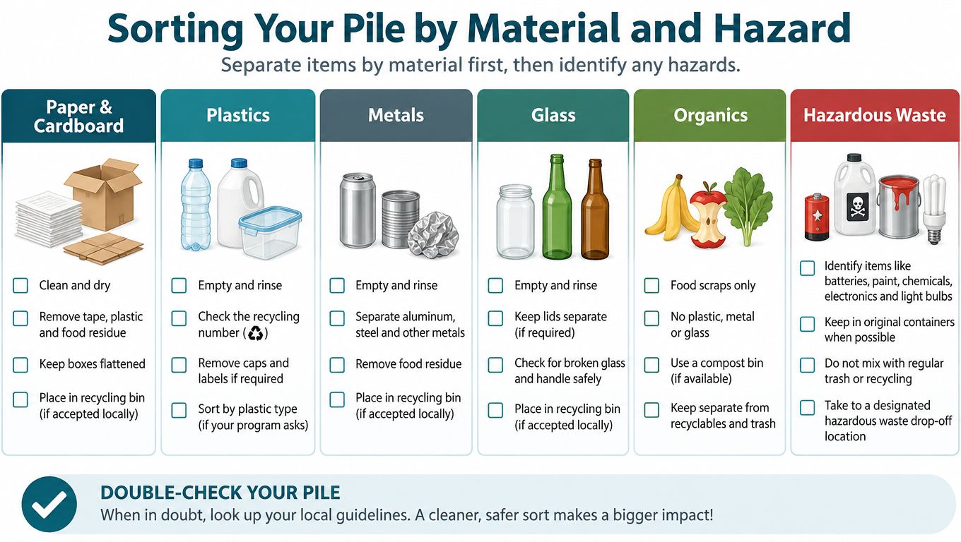 A recycling guide infographic showing how to sort materials into categories like paper, plastic, metals, glass, organics, and hazardous waste.