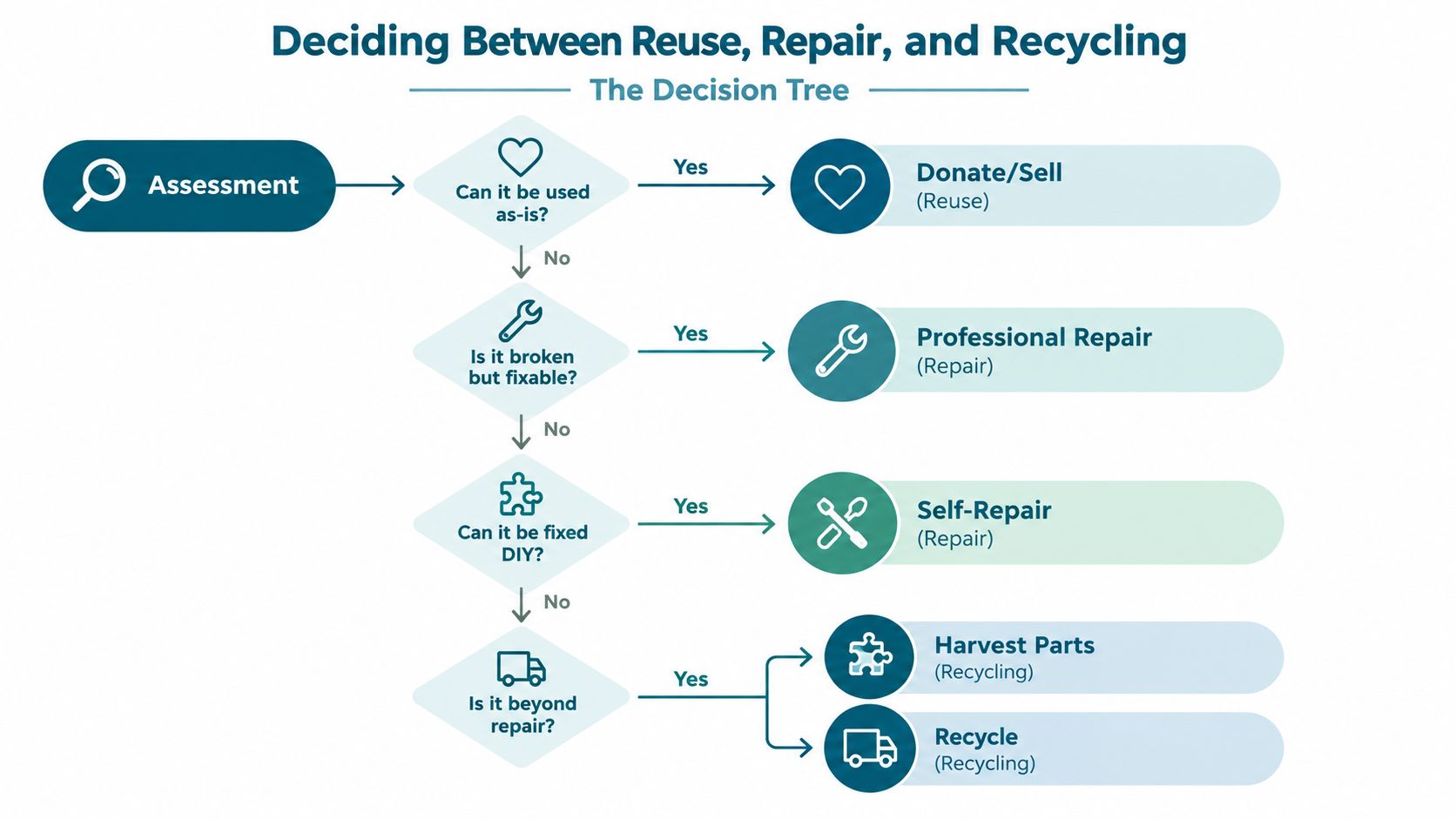 A decision tree flowchart illustrating the process for choosing between reuse, repair, or recycling for items.