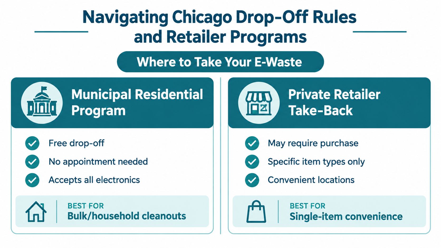 An infographic comparing Chicago municipal residential e-waste drop-off programs with private retailer take-back options for electronics.