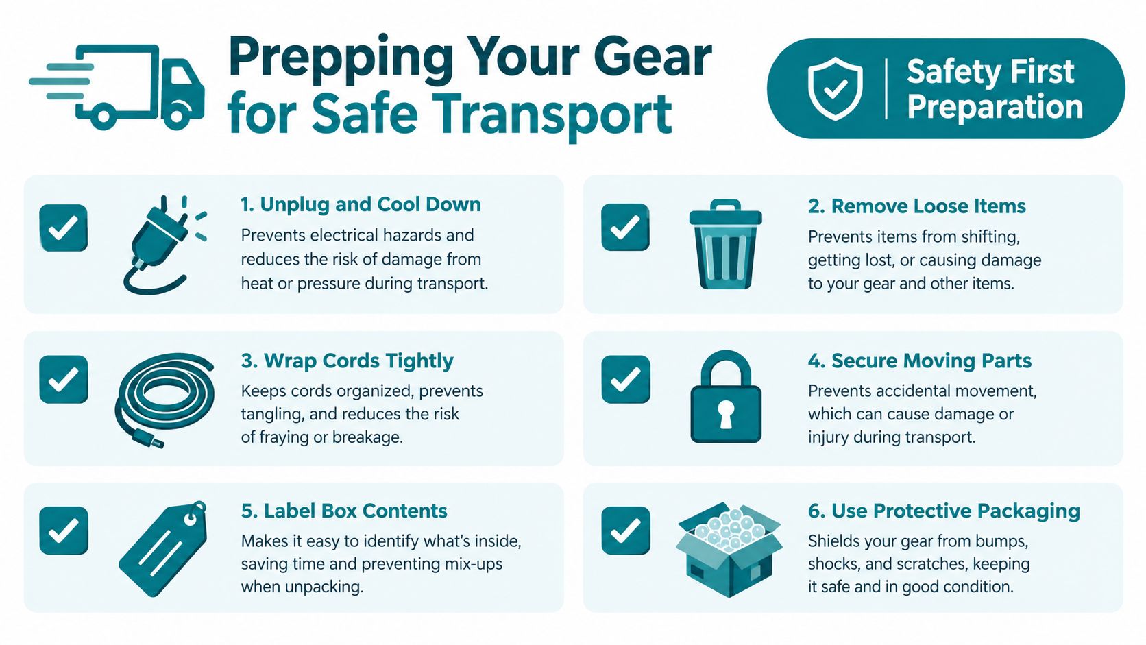 An infographic titled Prepping Your Gear for Safe Transport listing six safety tips for packing and moving appliances.