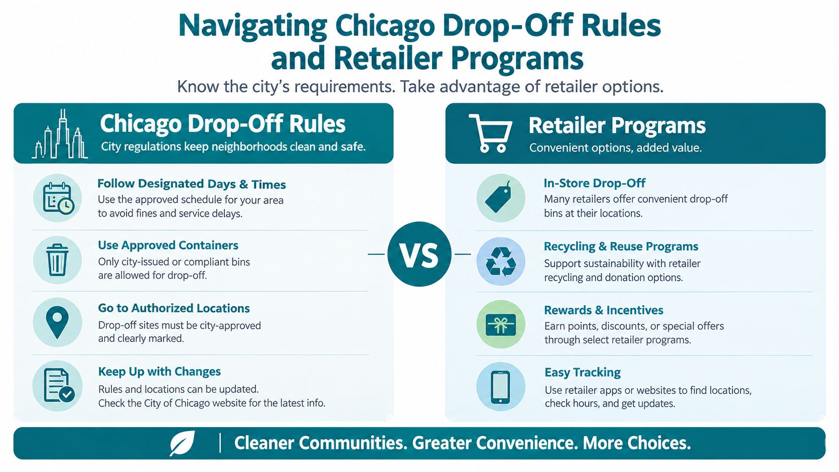 An infographic titled Navigating Chicago Drop-Off Rules and Retailer Programs, comparing city disposal regulations with retail service options.