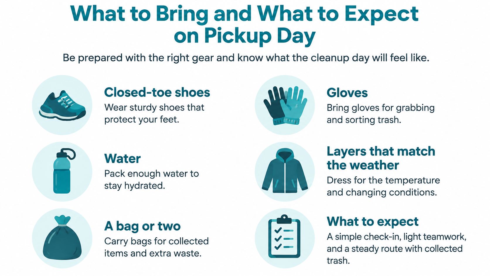 An infographic titled What to Bring and What to Expect on Pickup Day with trash cleanup tips.