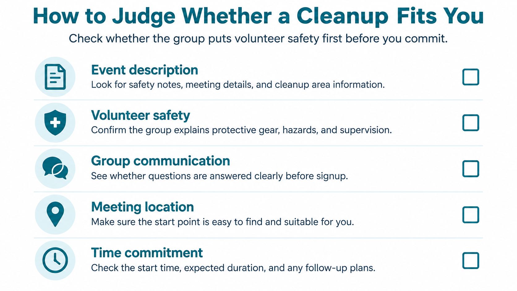 A checklist infographic titled How to Judge Whether a Cleanup Fits You, outlining five volunteer safety criteria.
