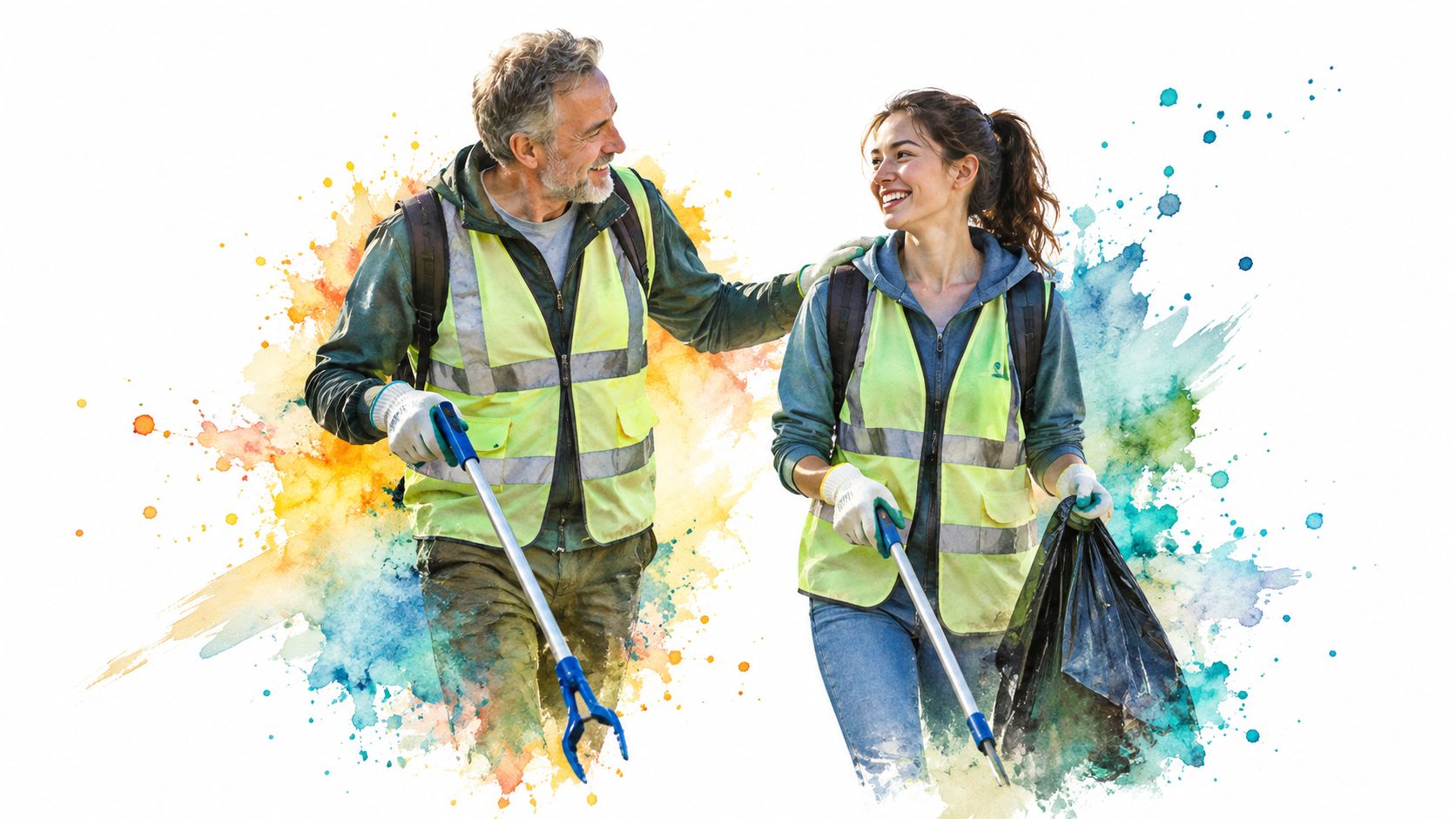 A middle-aged man and a young woman wearing safety vests picking up trash during a volunteer event.